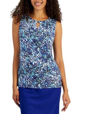Kasper Printed Pleated Keyhole Neck Sleeveless Summer Blouse Top Shell NEW Med.